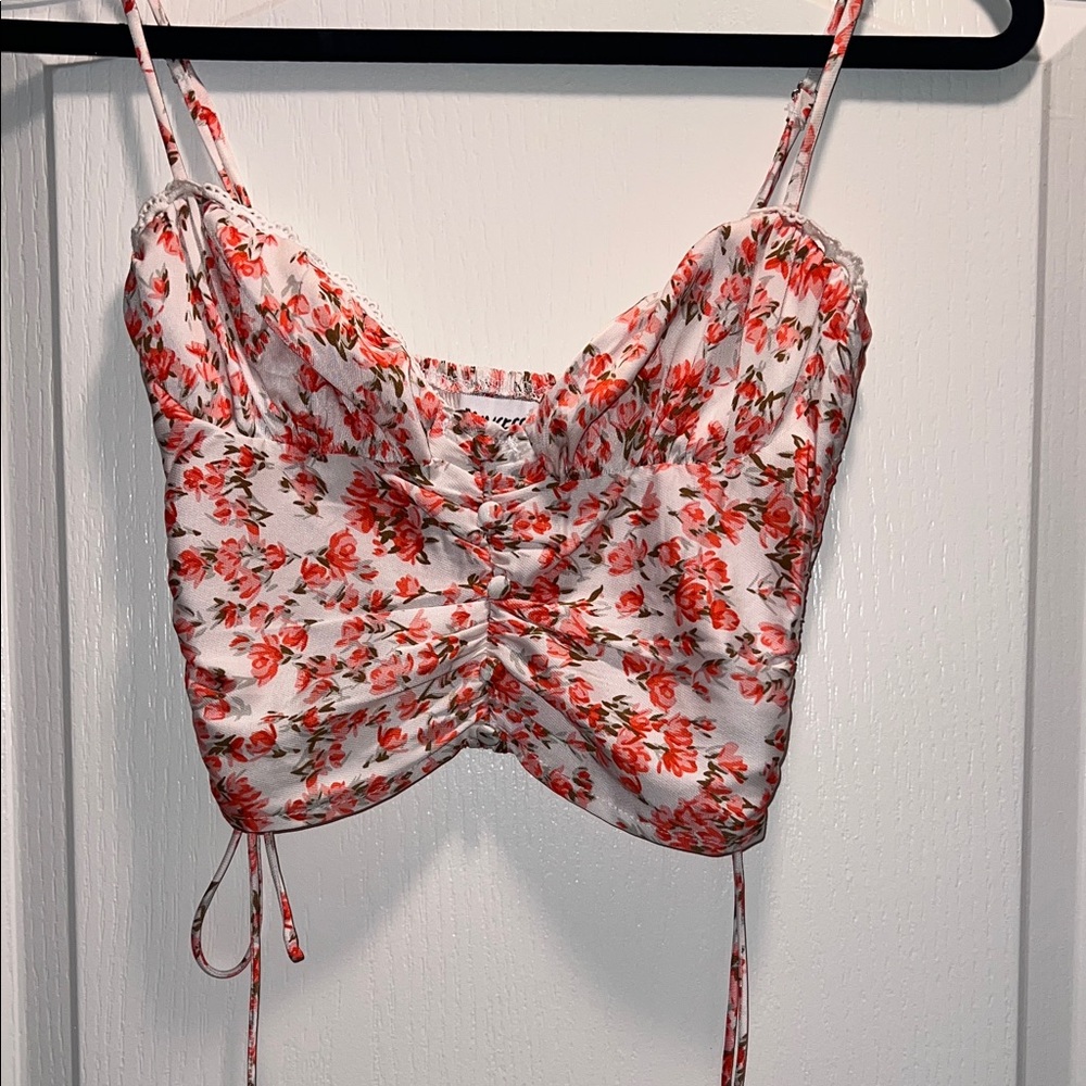 Princess Polly White Cami Top with Red Floral Ruched Front